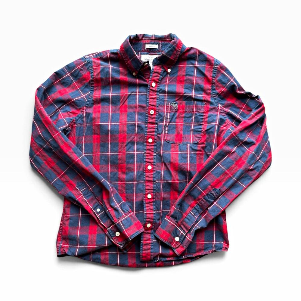 Abercrombie & Fitch Men's XL Plaid Red Blue Cotton Button-Down, Pockets